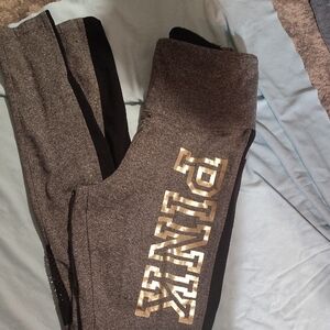 Victoria's Secret Charcoal and Black Leggings with Gold Logo